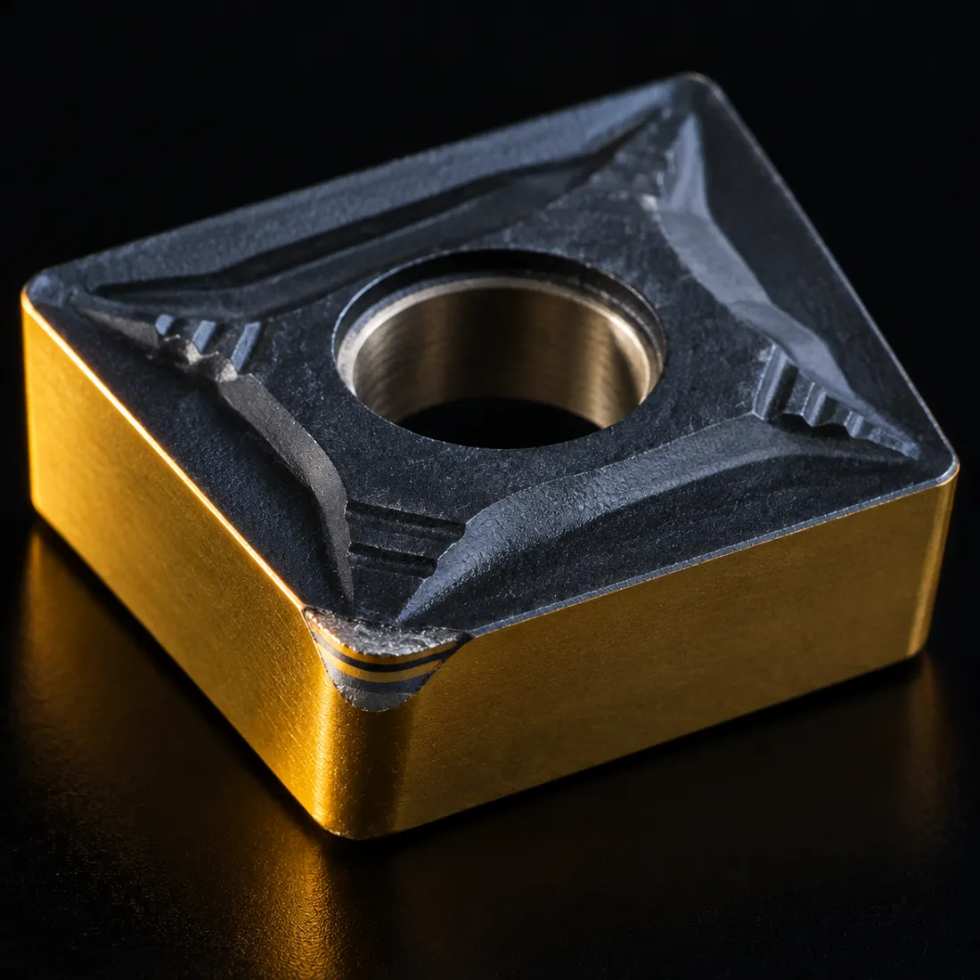 Pastilha com revestimento CVD: flancos dourados e face de saída preta, camadas visíveis na aresta